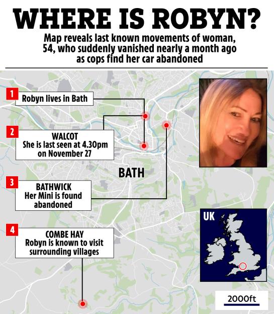 Illustration of a map detailing the last known movements of a missing woman named Robyn, aged 54, with a photo of her.