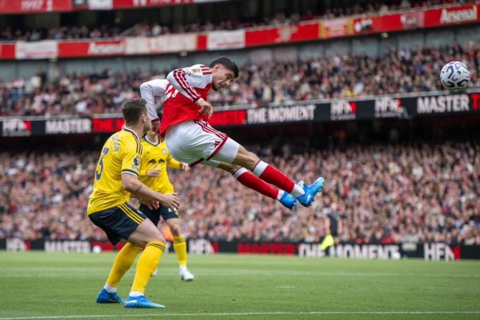Kai Havertz of Arsenal attempts a header on goal against Leeds United at Emirates Stadium.