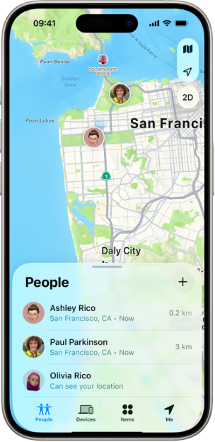 An iPhone displaying a map of San Francisco with people's locations and a "People" list showing Ashley Rico, Paul Parkinson, and Olivia Rico.