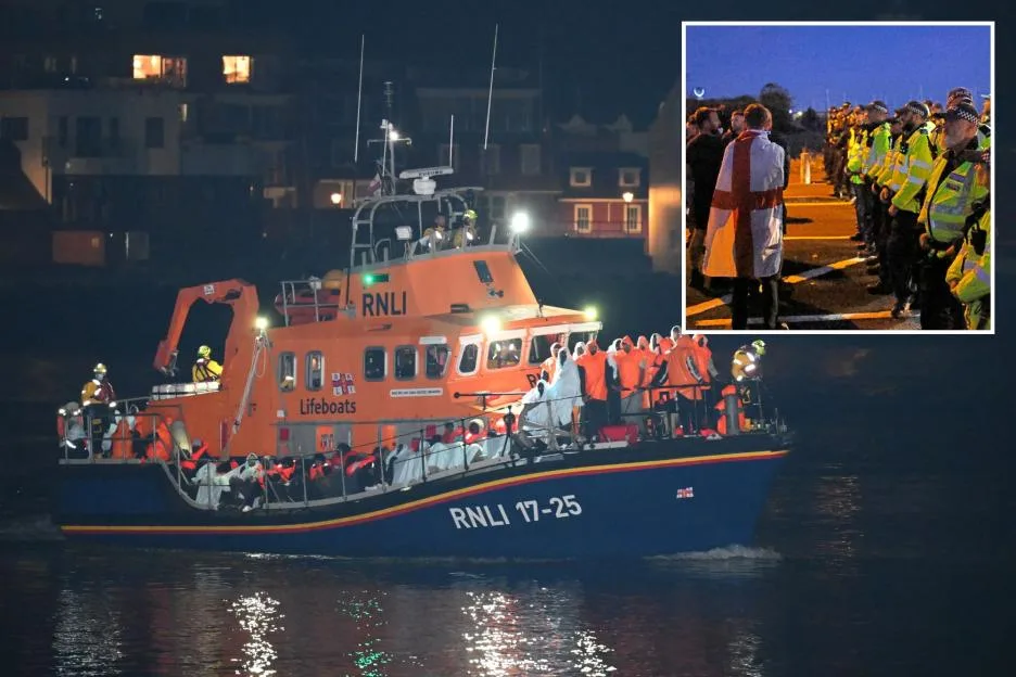 Two boats carrying up to 120 migrants dock at UK town after crossing Channel as protesters chant ‘shame on you’