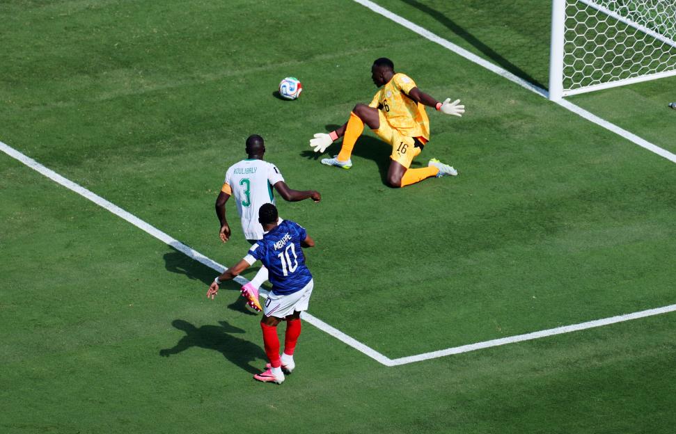 Kylian Mbappe scoring France's first goal against Senegal during the FIFA World Cup 2026.
