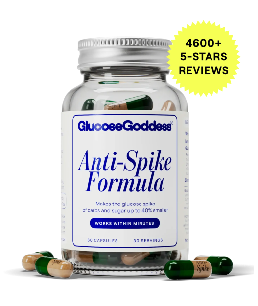 Glucose Goddess Anti-Spike Formula capsules in a jar; 4600+ 5-star reviews.
