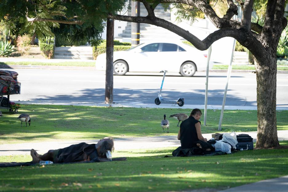 Two people experiencing homelessness on the grass in Echo Park, Los Angeles.