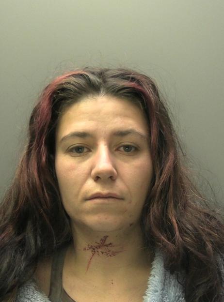 Mugshot of a woman with long brown hair, visible cuts on her neck.