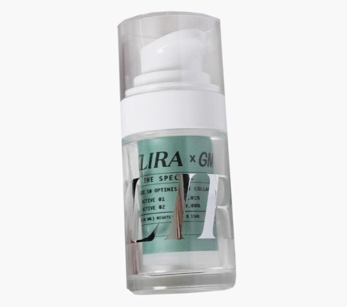 The Klira Special serum in a clear bottle with a white pump.