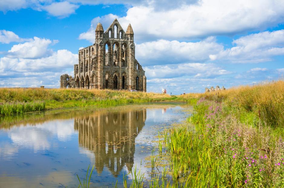 Whitby Abbey ruins with reflections in a small still pool.