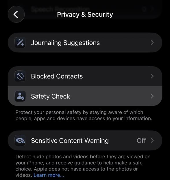 A screenshot of iPhone privacy and security settings, including options for Journaling Suggestions, Blocked Contacts, Safety Check, and a Sensitive Content Warning that is set to "Off."