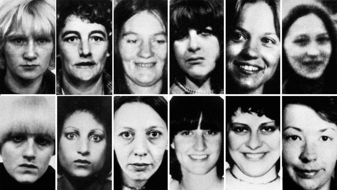 Collage of twelve black and white photos of Peter Sutcliffe's victims, Wilma McCann, Emily Jackson, Irene Richardson, Patricia Atkinson, Jayne McDonald, Jean Jordan, Yvonne Pearson, Helen Rytka, Vera Millward, Josephine Whitaker, Barbara Leach and Jacqueline Hill.