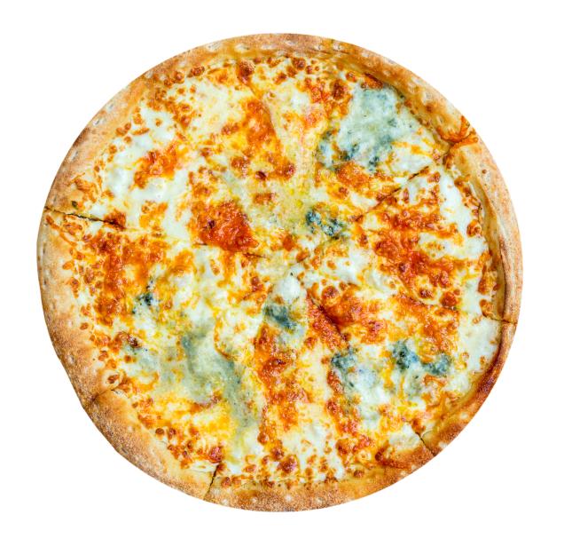 Quattro Formaggi pizza, with blue cheese, mozzarella, cheddar, and parmesan, isolated on a white background.