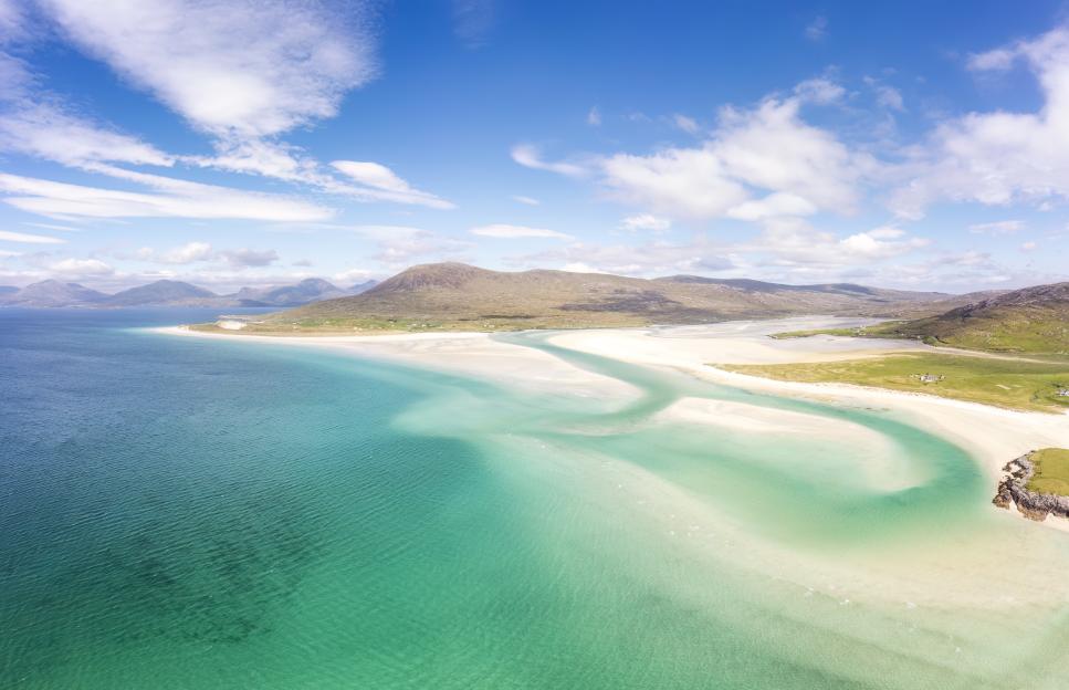 Aerial view of Luskentyre beach in Harris, Scotland with white sands and turquoise waters