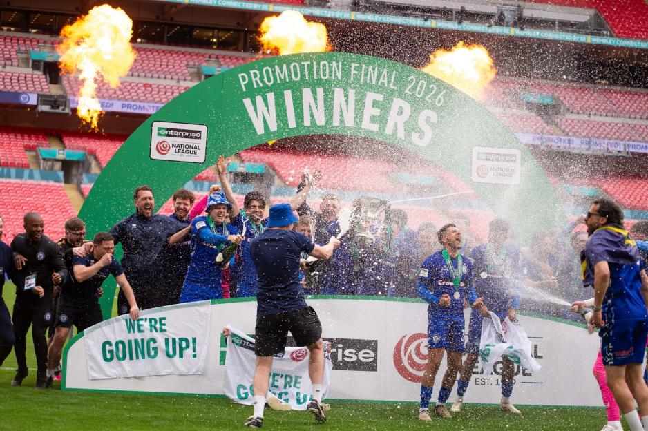 London, UK. 10th May, 2026. LONDON, ENGLAND, MAY 10 - Rochdale players lift the trophy after the National League Promotion Final between Boreham Wood and Rochdale on May 10th 2026 Credit: SPP Sport Press Photo. /Alamy Live News
