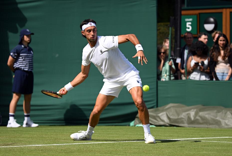 Thiago Agustin Tirante of Argentina plays a forehand during a tennis match.