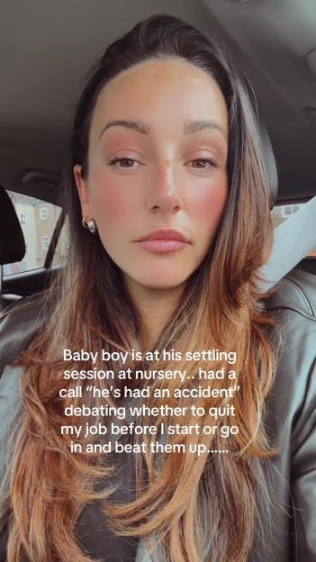 A woman in a car, looking worried with text about her son having an accident at nursery.