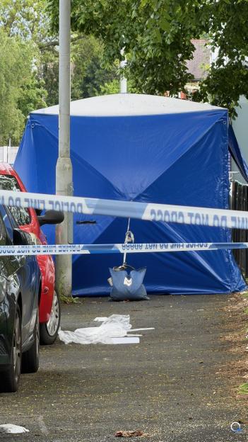 A blue forensic tent and police tape mark a crime scene next to two cars.