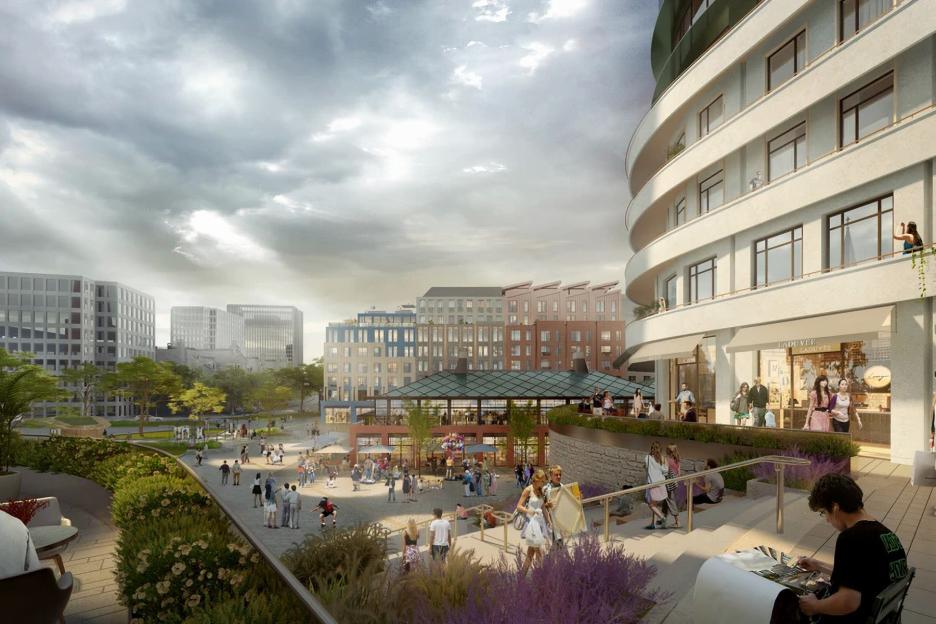 Illustration of the masterplan for Coventry City Centre South upgrades, showing modern buildings, parks, and people shopping and relaxing.