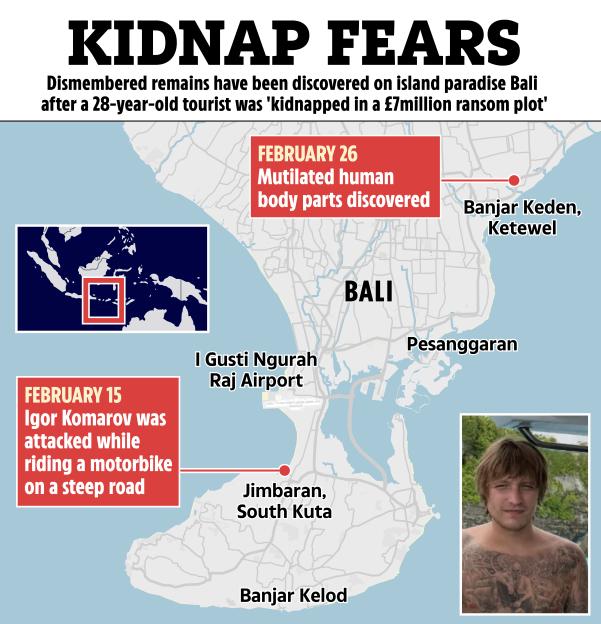 Illustration of a map of Bali detailing the locations and dates of Igor Komarov's attack and the discovery of mutilated human remains, along with a photo of Igor Komarov.