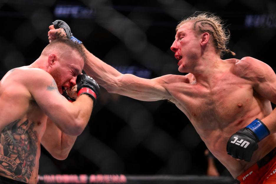Justin Gaethje landing a punch to Paddy Pimblett's head during UFC 324.