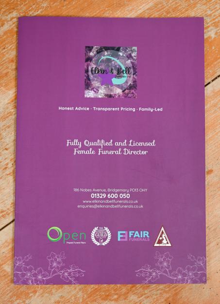 A purple brochure for Elkin & Bell Funerals Ltd., detailing their services as a "Fully Qualified and Licensed Female Funeral Director" and providing contact information.