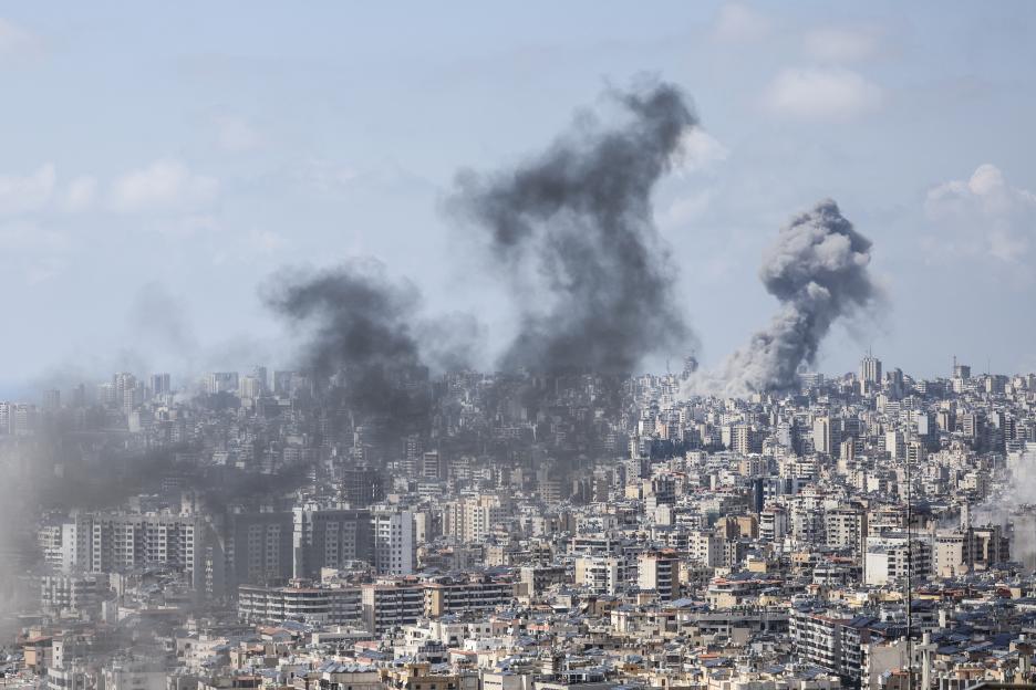 Smoke rising from multiple sites in Beirut after Israeli airstrikes.