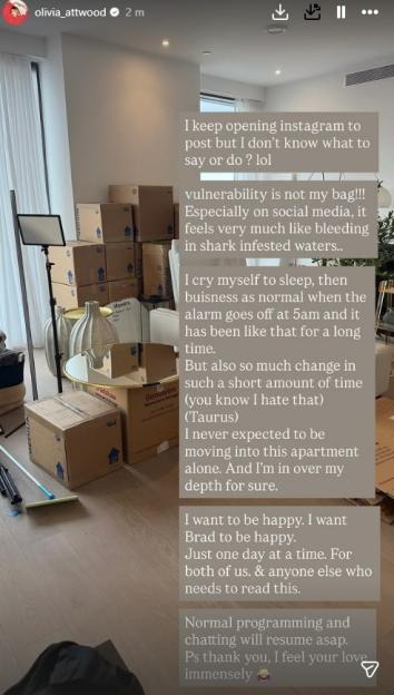 Olivia Attwood's Instagram Story shows a room with moving boxes and emotionally raw text about vulnerability, moving alone, and seeking happiness.