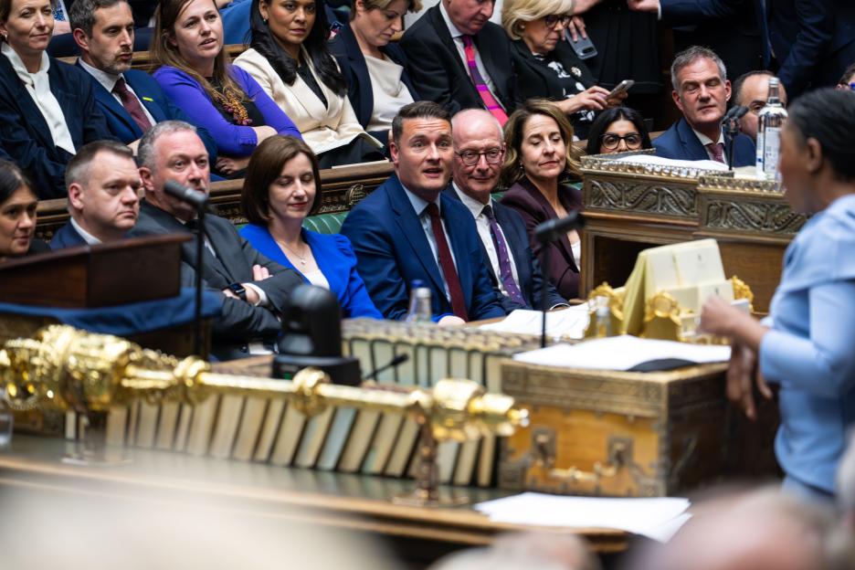 Kemi Badenoch, Leader of the Opposition, watched by Health Secretary Wes Streeting and others on the Government Front Bench, during the debate on the King's Speech in the House of Commons.