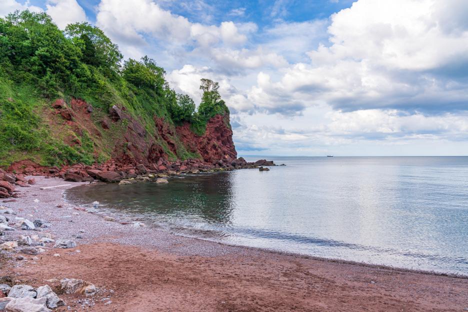Watcombe Beach in Torbay, England, showing red cliffs and green trees next to calm water under a cloudy sky.