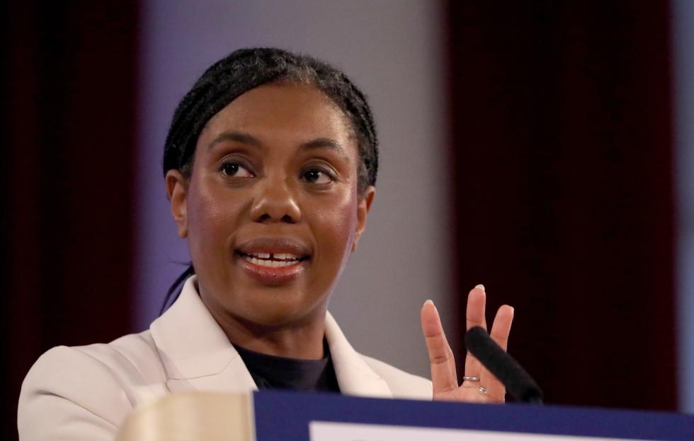 Conservative Party leader Kemi Badenoch speaking at an election campaign event.