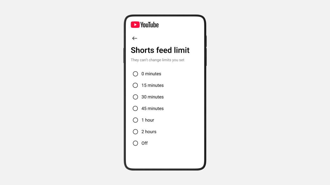 Illustration of a phone screen displaying YouTube Shorts feed limit options.