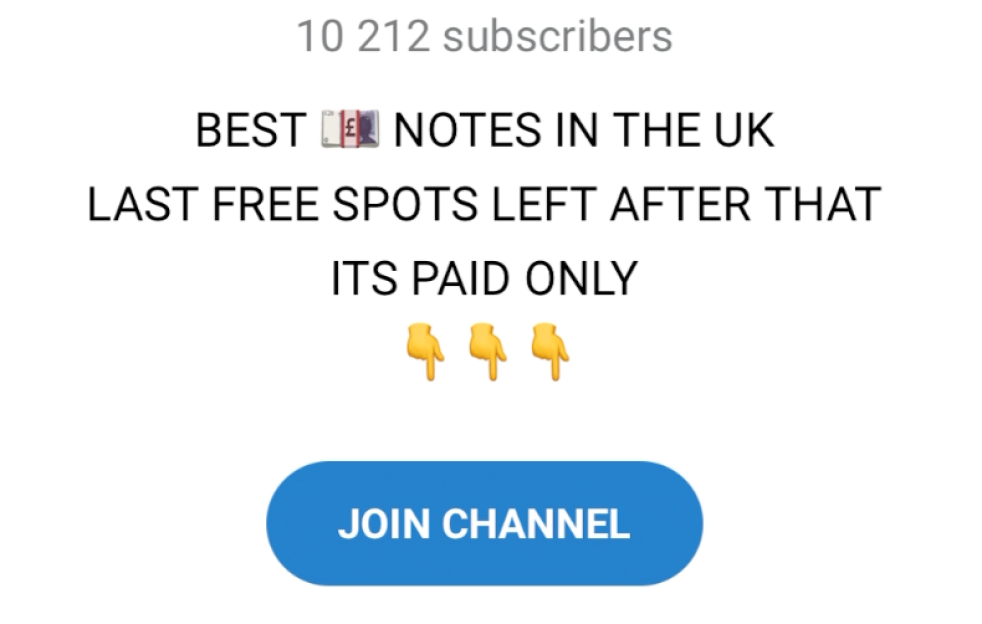 Screenshot of a channel with 10,212 subscribers offering "BEST NOTES IN THE UK" with a blue "JOIN CHANNEL" button.