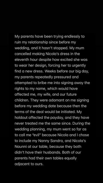 Text detailing a person's parents trying to ruin their relationship and wedding.