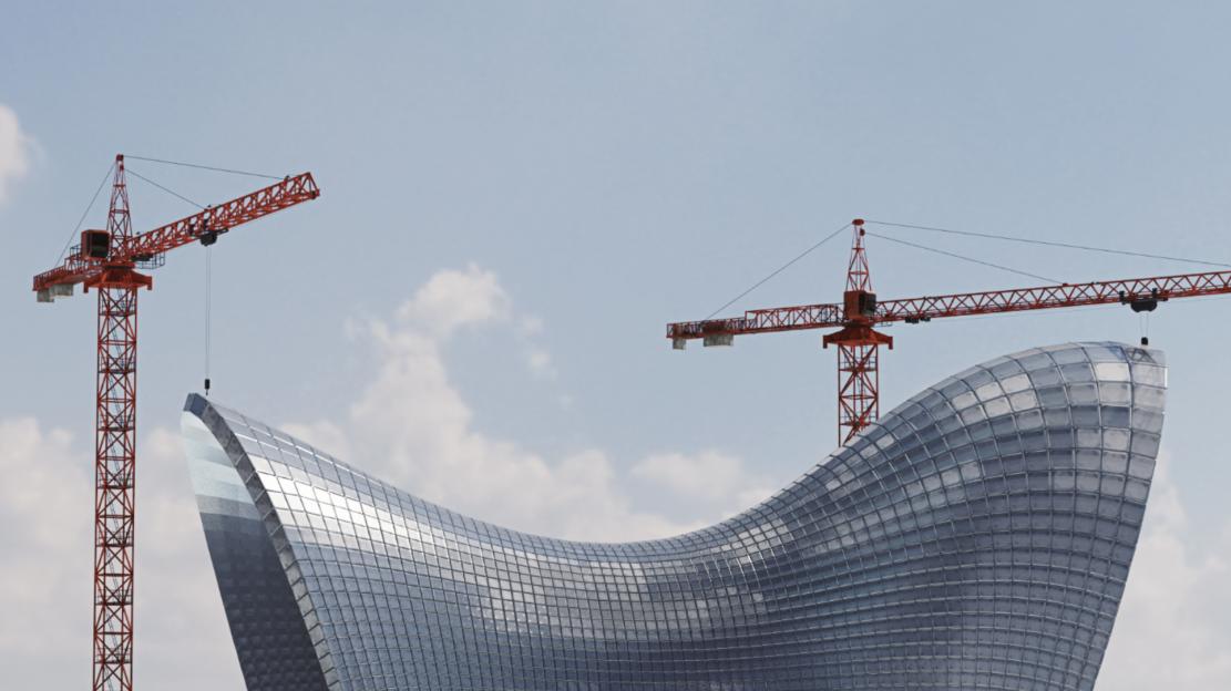 Illustration of two cranes towering over a futuristic, undulating glass building.