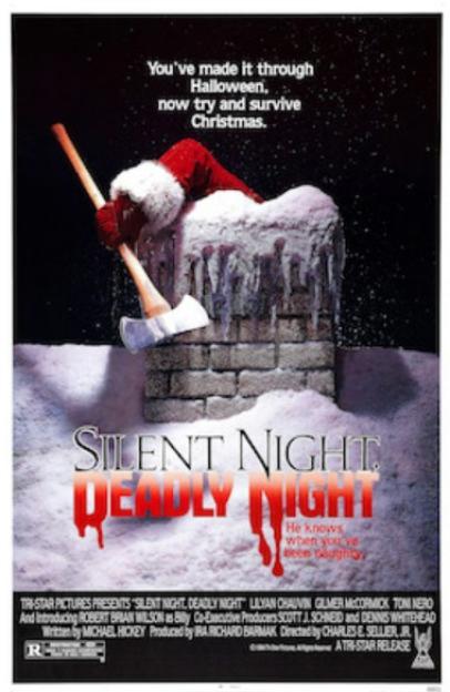 Movie poster for Silent Night, Deadly Night, showing a hand in a red Santa suit sleeve holding an axe on a snow-covered chimney.