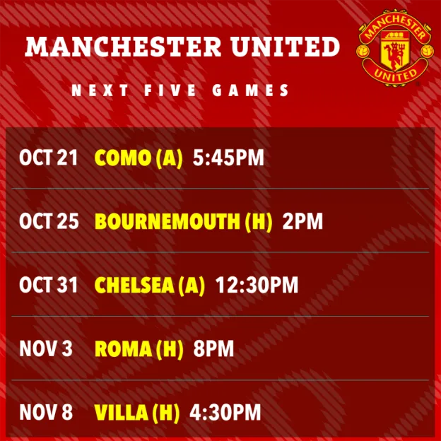 A schedule of Manchester United's next five games, listing the dates, opponents, whether home or away, and kickoff times.