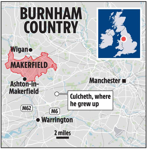 Illustration of a map of "Burnham Country," with Makerfield highlighted, and a smaller inset map showing its location within the UK.