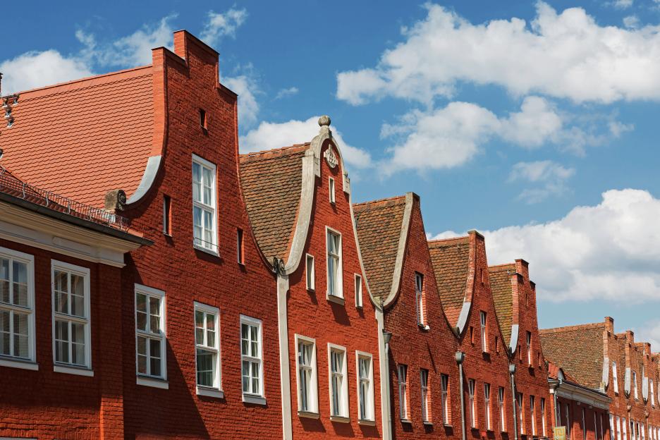 Brick buildings with typical Dutch gables in Potsdam's historic Dutch Quarter.
