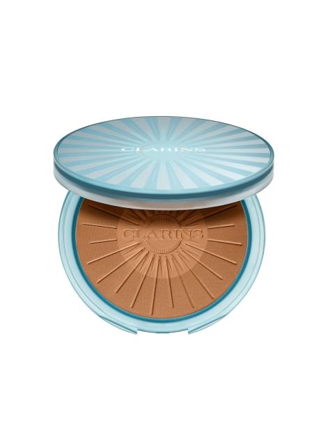 Clarins Sunkissed Healthy Glow Bronzer in a light blue compact with a sunburst pattern.