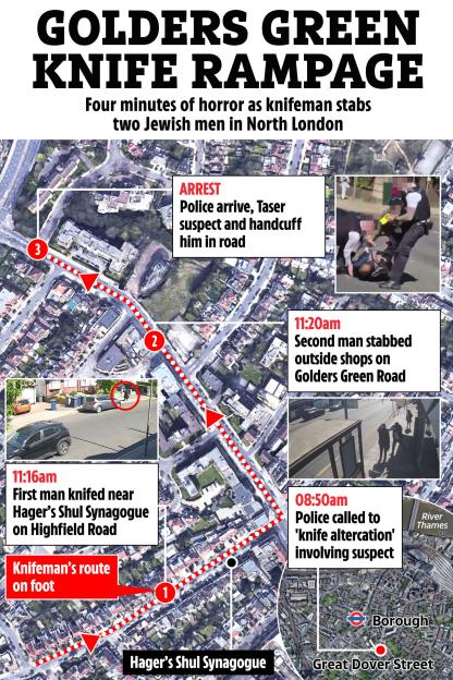 Collage of a map of Golders Green, London, showing the route of a knifeman who stabbed two Jewish men, with inset photos of the incidents and arrest.