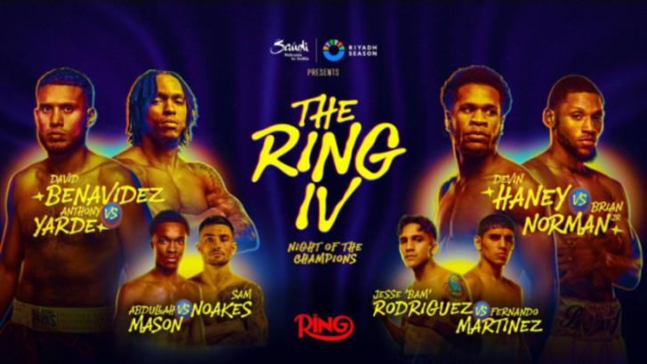 Illustration of "The Ring IV: Night of the Champions" boxing event poster featuring various boxers including David Benavidez, Anthony Yarde, Devin Haney, Brian Norman Jr., Abdullah Mason, Sam Noakes, Jesse 'Bam' Rodriguez, and Fernando Martinez.