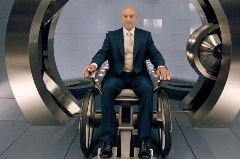 Patrick Stewart as Professor X in a wheelchair inside the Cerebro chamber in X-Men 2.