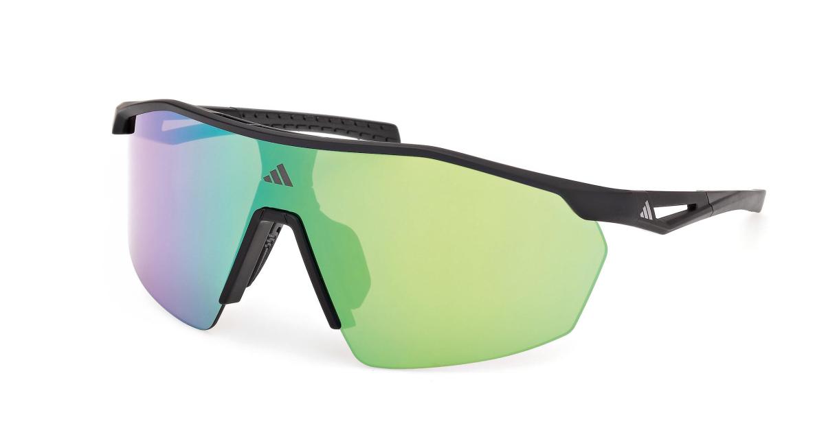 Black-framed Adidas sunglasses with large, reflective green-purple lenses.