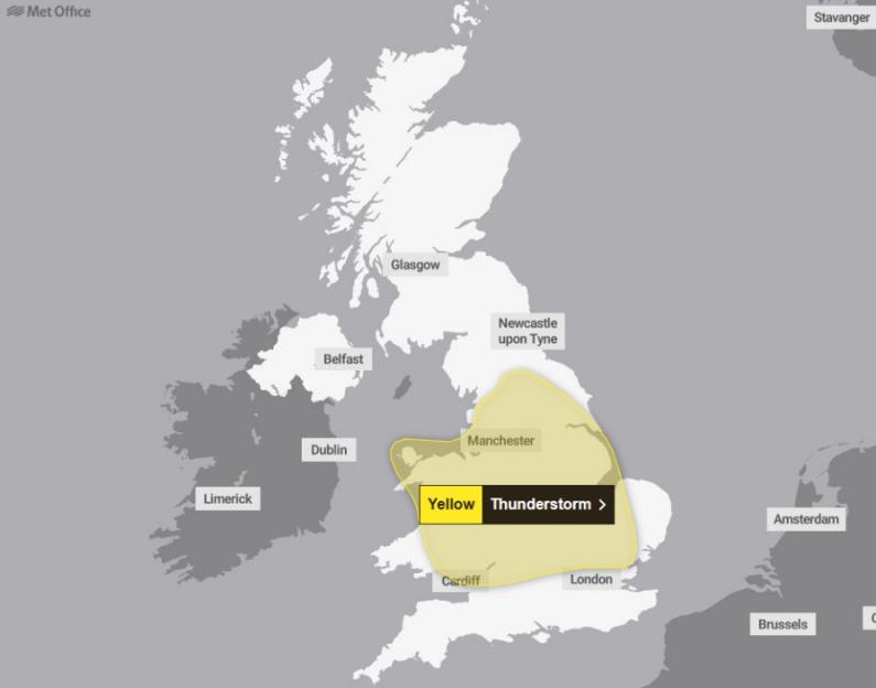 Map showing a yellow thunderstorm warning for a large part of England and parts of Wales.
