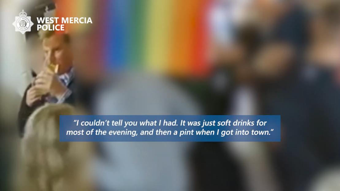 Man with blond hair drinking from a glass, with text overlay: "I couldn't tell you what I had. It was just soft drinks for most of the evening, and then a pint when I got into town."