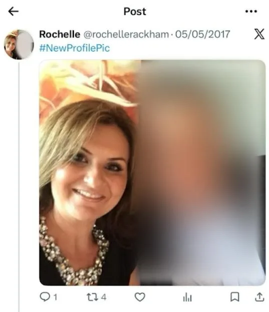 A screenshot of a social media post showing a profile of Rochelle Rackham with a photo of her next to a pixelated person.