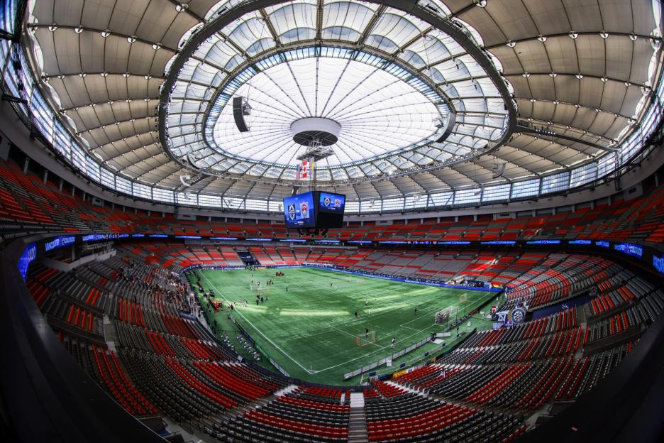 Wide-angle view of BC Place Stadium during the Vancouver Whitecaps FC vs. Colorado Rapids game.