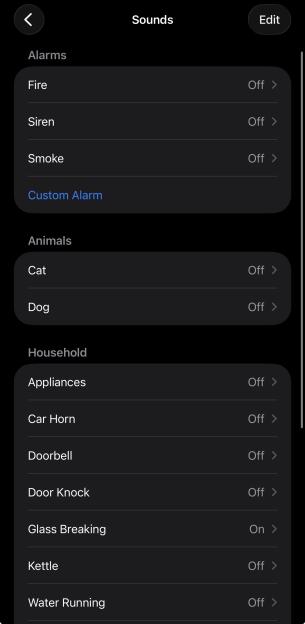 A screenshot of a mobile phone settings screen showing "Sounds" with categories for "Alarms," "Animals," and "Household." Most sound options are "Off," but "Glass Breaking" is "On."