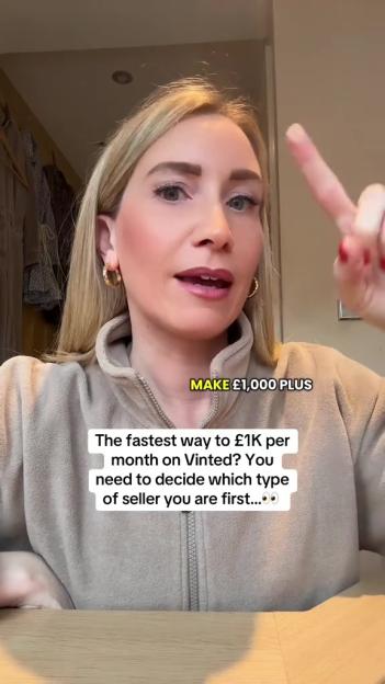 A woman in a beige fleece points her finger while discussing making £1,000 per month on Vinted.