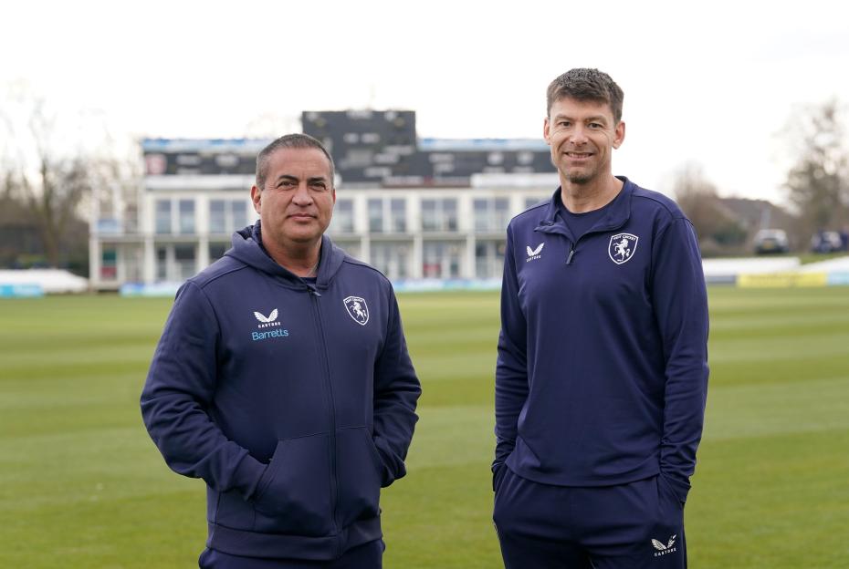 Kent Men's Head Coach Adam Hollioake (left) with Simon Cook, Director of Cricket during a media day at The Spitfire Ground, Canterbury. Picture date: Friday March 14, 2025.