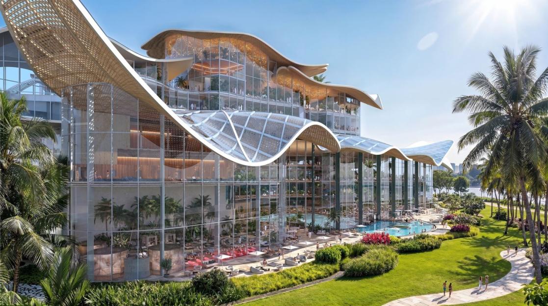 Illustration of the Therme Singapore facility, a large, multi-story building with a wavy roof design and extensive glass walls, surrounded by lush green landscapes and palm trees, with a pool and people relaxing outdoors.