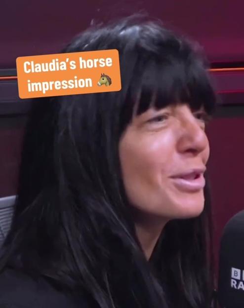 Claudia Winkleman giving a horse impression.