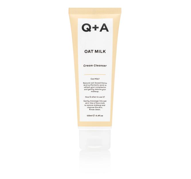 Q+A Oat Milk Cream Cleanser in a beige tube.